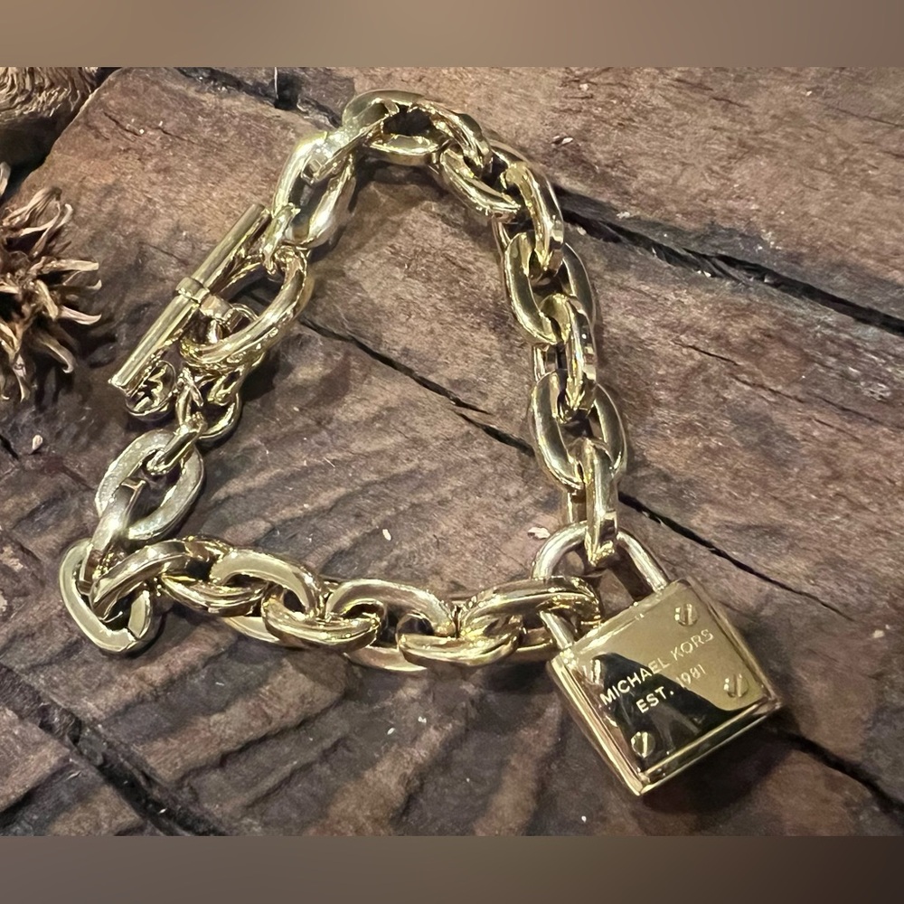 NWOT Michael Kors Heart Locket Charm Bracelet Gold Plated Chain Link Toggle 8”